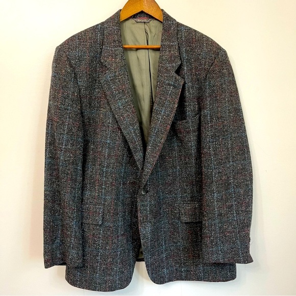Vintage 100% Wool Oversized Blazer Levi Tailored Classic Plaid Gray Blue Red 46R - Picture 1 of 16